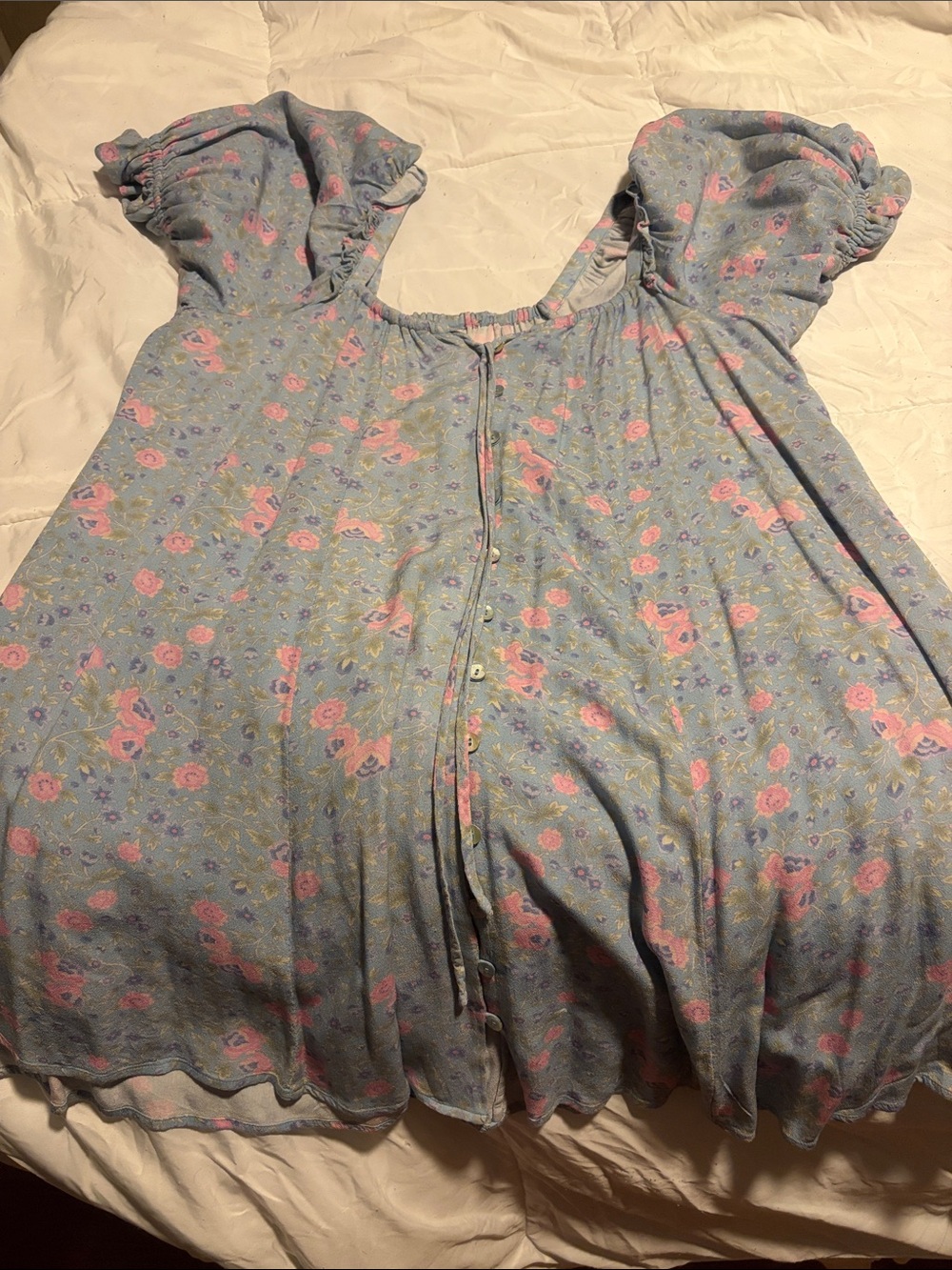 Spell. Blue Floral Button-Front Puff Sleeve Mini Dress